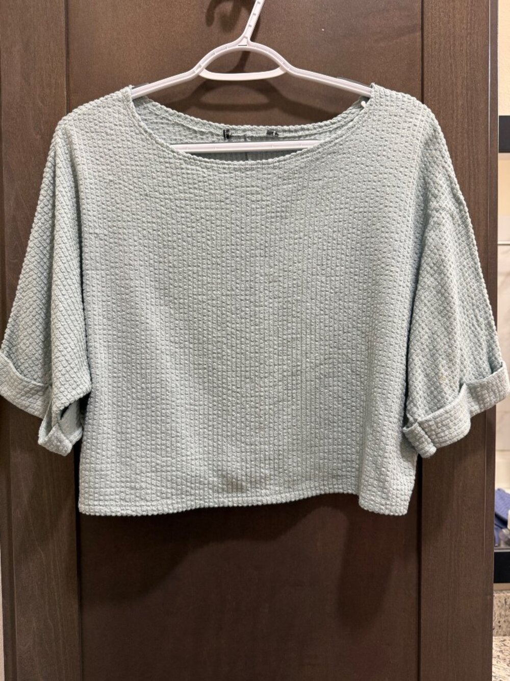 Caution to the Winds Waffle Knit Cropped Shirt with Rolled Sleeves Light Green